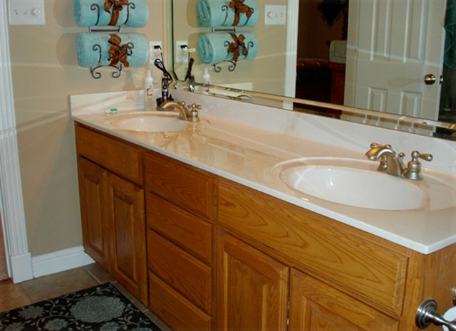 his/her sinks in the master bath. separate shower and jetted tub not shown.
